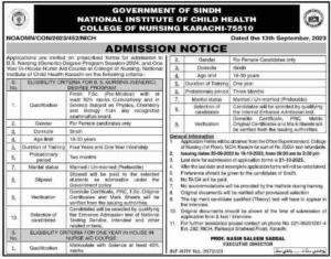 National Institute of Child Health Karachi Nursing Admission 2023